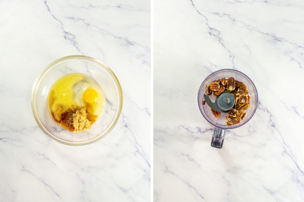 The left panel shows eggs, brown sugar, and melted butter mixed for the filling. The right panel shows whole pecans inside a food processor bowl for the Mini Pecan Pies that is part of Mini Pie Dessert Platter.