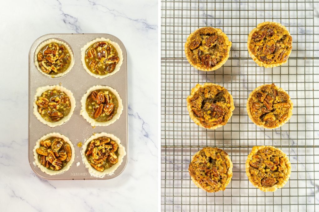 The left panel shows the pecan filling poured into the pie crusts in the tin. The right panel shows six baked Mini Pecan Pies that is part of Mini Pie Dessert Platter cooling on a metal wire rack.