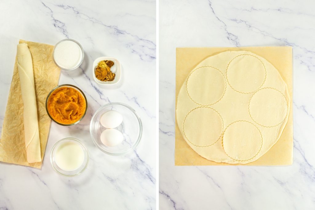 Ingredients laid out, including pumpkin puree, milk, eggs, and dough on a cutting board, ready for making Mini Pumpkin Pies that is part of Mini Pie Dessert Platter.