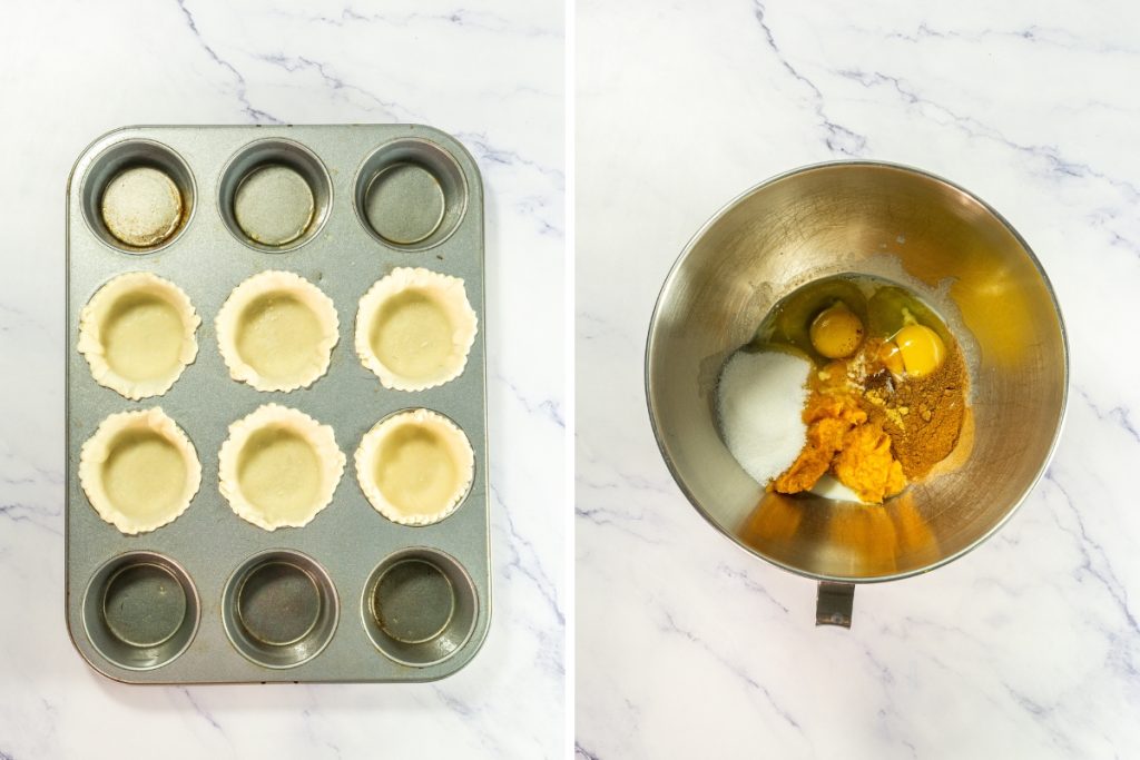 The left panel shows six raw pie crusts in a muffin tin. The right shows pie filling ingredients (pumpkin, eggs, sugar, spices) in a mixing bowl for the Mini Pumpkin Pies that is part of Mini Pie Dessert Platter.