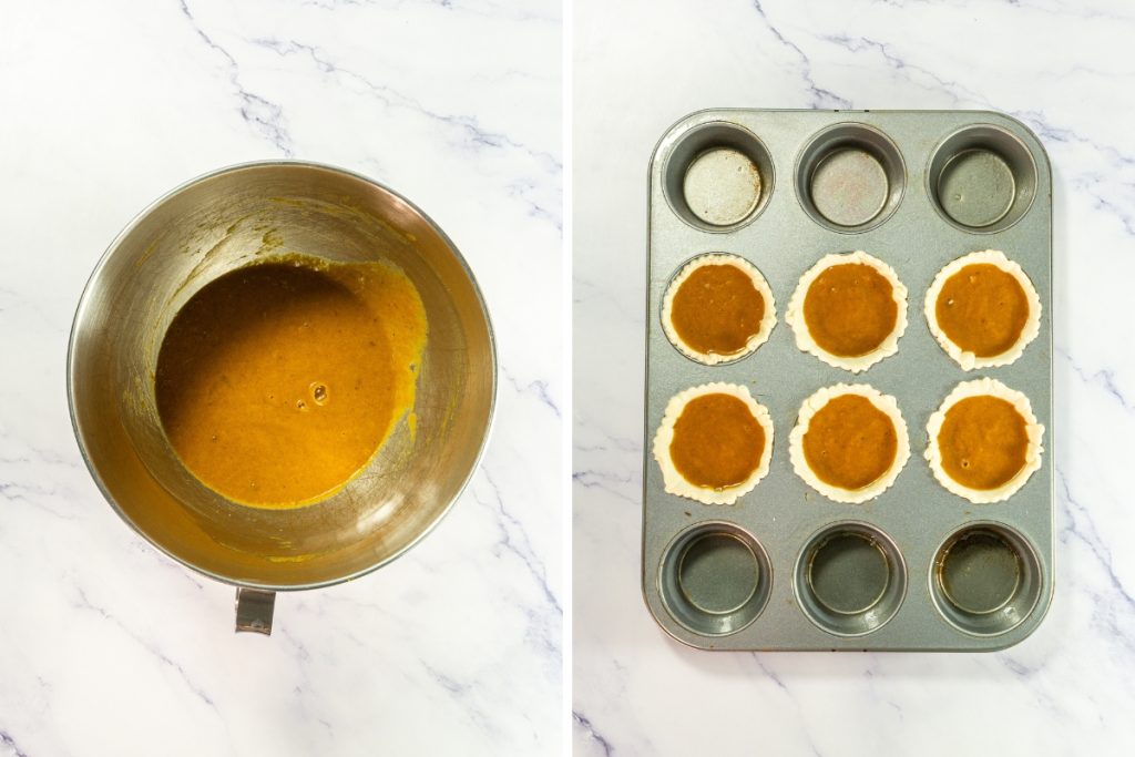 The left panel shows the smooth, mixed pumpkin pie filling in a metal bowl. The right panel shows the filling poured into four of the pie crusts for the Mini Pumpkin Pies that is part of Mini Pie Dessert Platter.