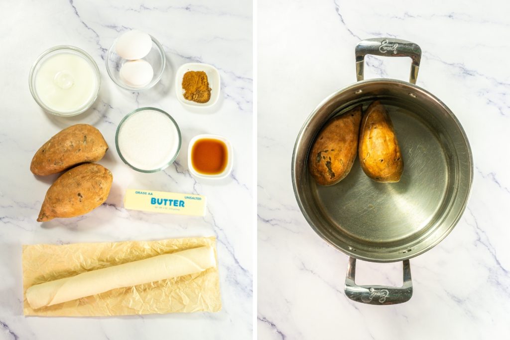Ingredients laid out, including sweet potatoes, eggs, milk, and spices. The right panel shows the potatoes boiling in a metal pot for the Mini Sweet Potato Pies that is part of Mini Pie Dessert Platter.