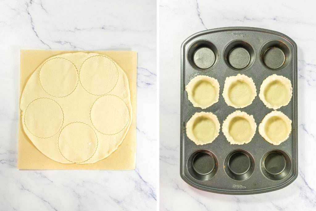The left panel shows pie dough cut into six circles. The right panel shows the six circles fitted into the wells of a muffin tin, forming the crusts for the Mini Sweet Potato Pies that is part of Mini Pie Dessert Platter.
