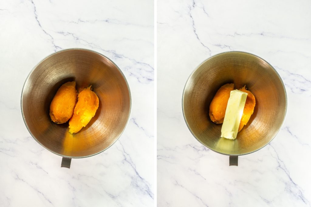 The left panel shows cooked sweet potatoes in a mixing bowl. The right panel shows a stick of butter added to the potatoes for the filling mash for the Mini Sweet Potato Pies that is part of Mini Pie Dessert Platter.