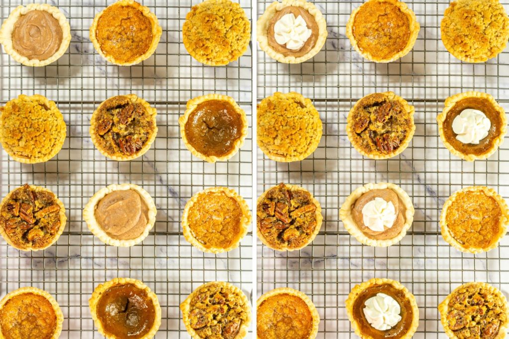 Twenty-four various baked mini pies, including apple crumble, pecan, pumpkin, and sweet potato, are arranged uniformly on a cooling rack, signifying the completion of the Mini Pie Dessert Platter.
