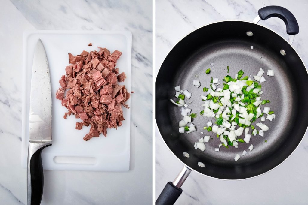 Two-part process image: Diced roast beef on a cutting board, and diced onions and green peppers cooking in a skillet for the Philly Cheesesteak Phyllo Bites.