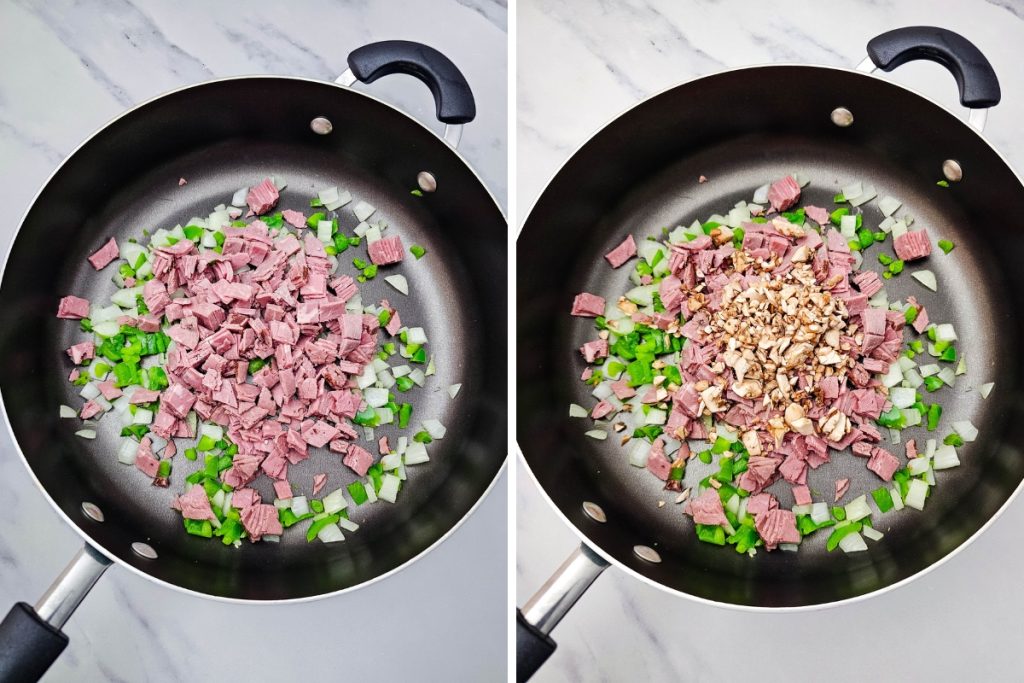 Process images showing diced beef and chopped mushrooms added to the sautéing onions and peppers for the Philly Cheesesteak Phyllo Bites filling.