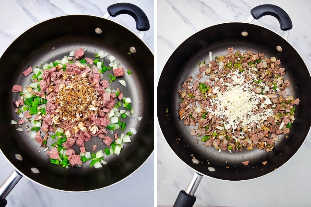 Process image showing diced beef, onions, and peppers cooking in a skillet, then mixing in seasoning and shredded cheese for Philly Cheesesteak Phyllo Bites.