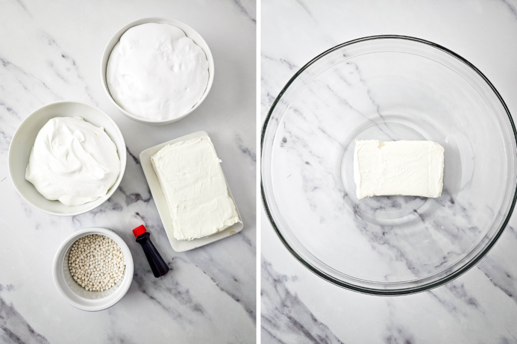 Recipe ingredients for Pink Fluff Dip: cream cheese, whipped topping, marshmallows, food coloring, and white pearl sprinkles, ready for preparation. Right image shows cream cheese in a glass mixing bowl.