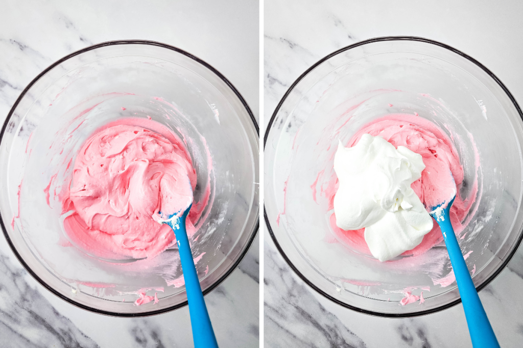 Step-by-step: The mixture is stirred until it becomes a vibrant pink color, then a large scoop of white whipped topping is folded into the Pink Fluff Dip.