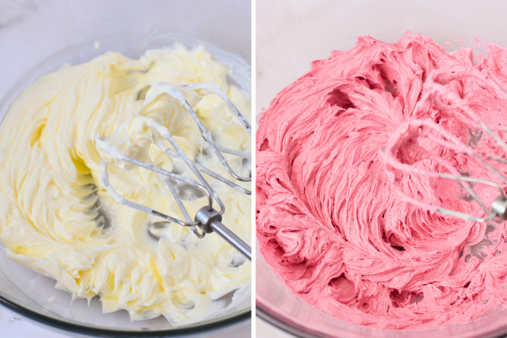 Two steps of the frosting creation: creaming the butter until smooth, then mixing in the raspberry powder to achieve the rich, vibrant pink color.