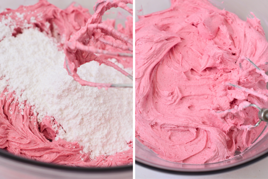 A hand mixer whisks powdered sugar into the pink raspberry-flavored buttercream on the left, resulting in the creamy finished frosting on the right.