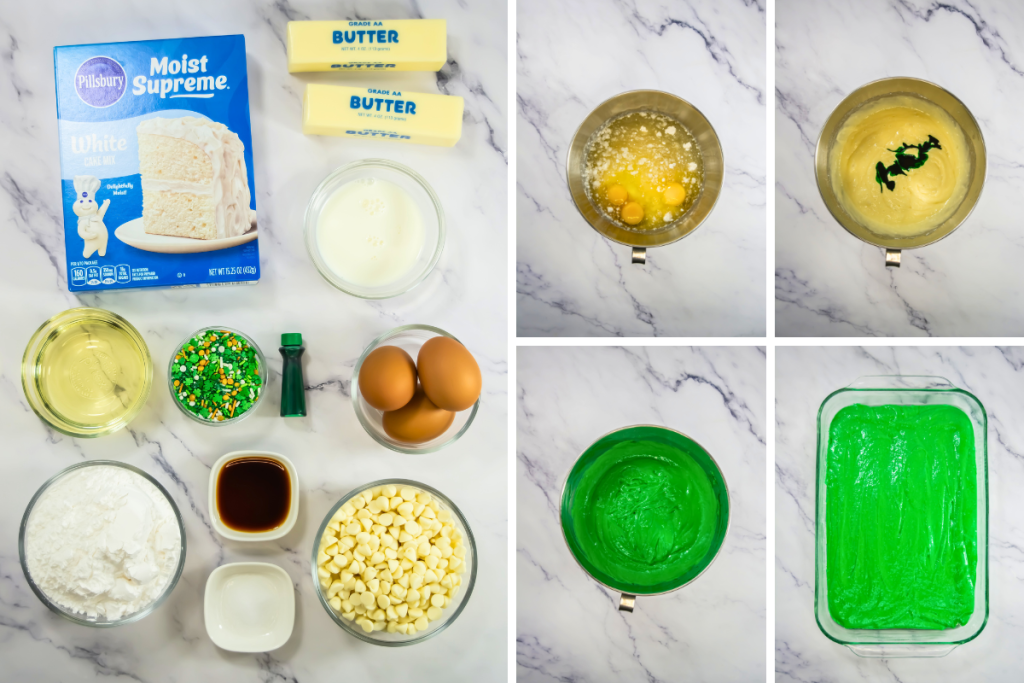 Ingredients and steps for St Patrick's Day Cake Balls, showing white cake mix, butter, eggs, sprinkles, and vibrant green cake batter in a baking dish.