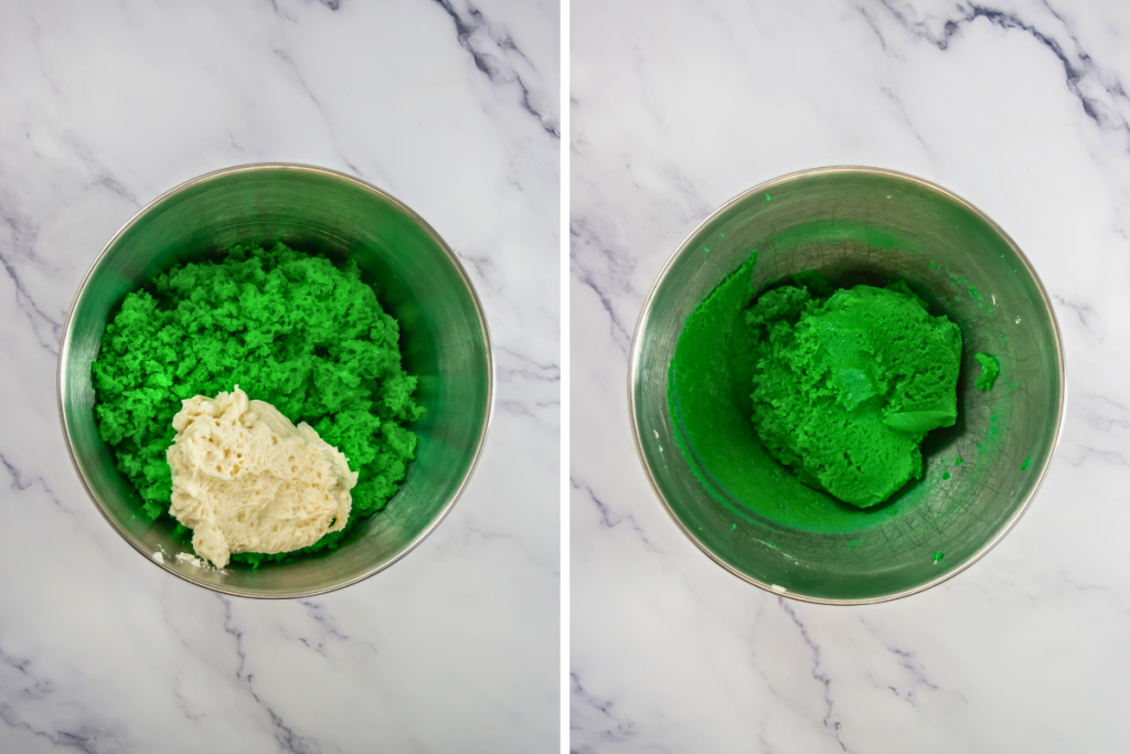 Mixing crumbled bright green cake with white frosting to form the smooth, vibrant green dough used to make the St Patrick's Day Cake Balls.