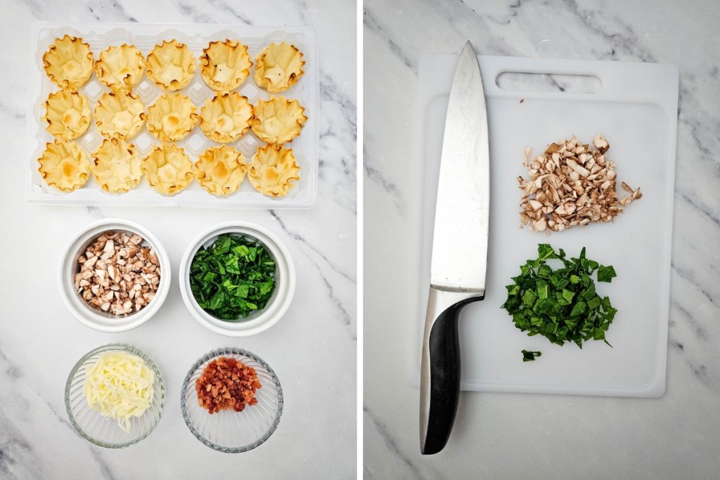 Ingredients and assembled phyllo shells before filling for Stuffed Mushroom Phyllo Bites on a marble surface.