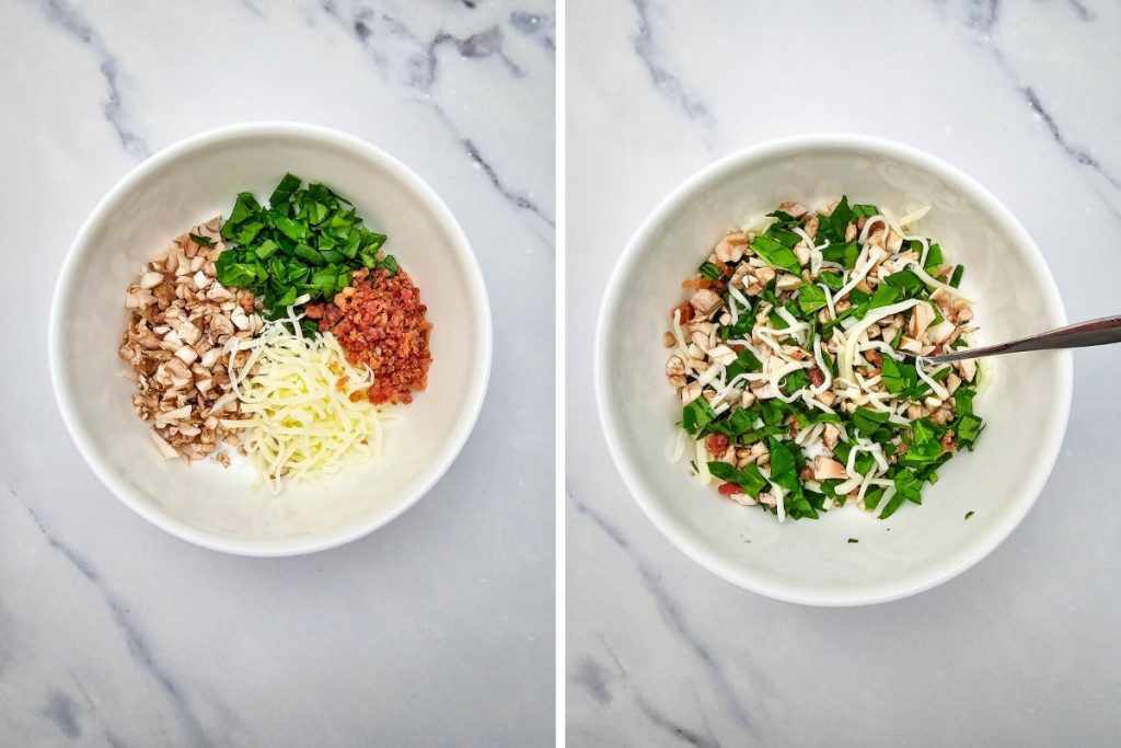 Mixing bowl with chopped mushrooms, spinach, shredded cheese, and bacon for the filling of the Stuffed Mushroom Phyllo Bites.
