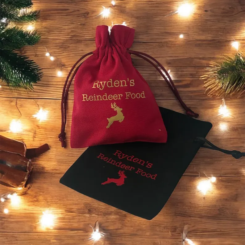 Personalized drawstring bags for Reindeer Food, great for keeping the magic alive in Christmas Eve Boxes.
