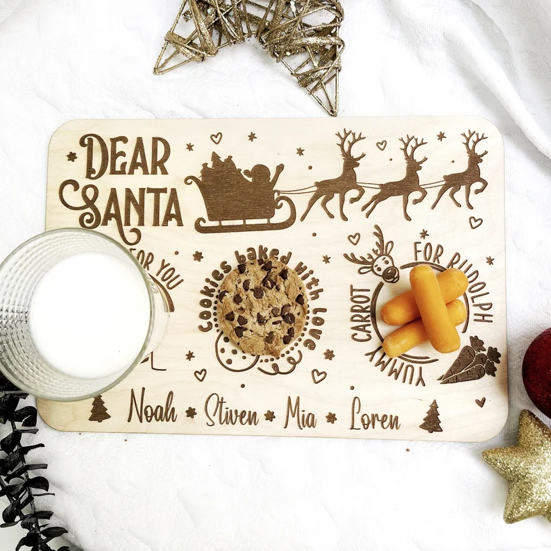 Personalized wooden tray for Santa's cookies, milk, and reindeer carrots, a lovely Christmas tradition.