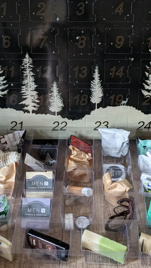 selection of male costmetic items for a self care advent calendar black box etsy
