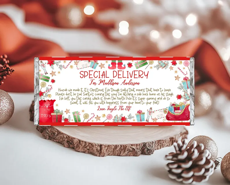 Personalized "Special Delivery" giant chocolate bar, a delicious candy favor for Christmas Eve Boxes.