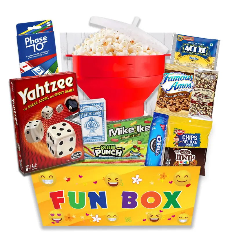 colorful 'fun box' filled with bord games and snack essentials  etsy