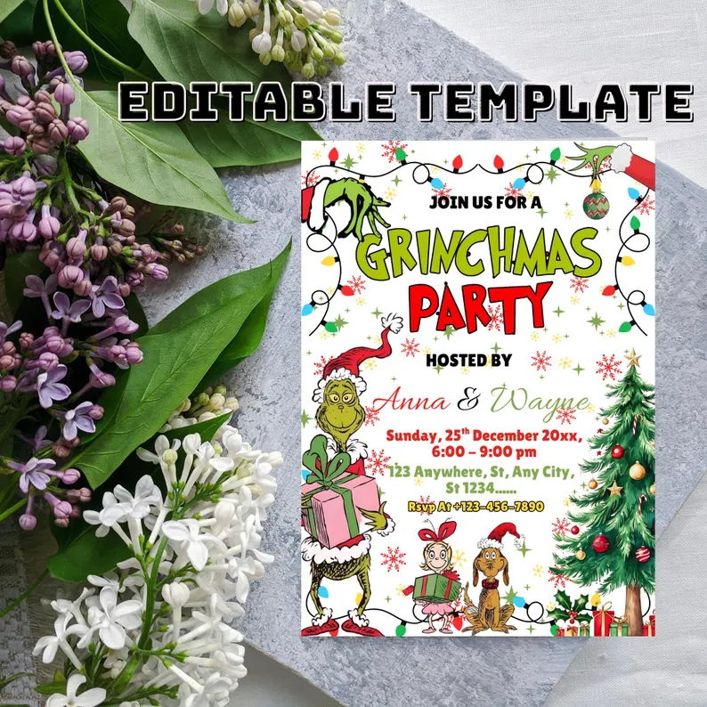 editbale grinch kids party invitation etsy