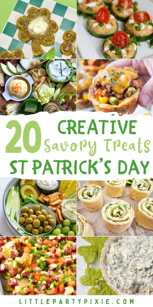 Delicious St Patrick's Day Appetizers featuring pesto pinwheels, fresh vegetable trays with dip, hearty bean salsa, and mini shepherd's pie bites.