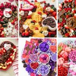 Various Galentine’s Charcuterie and Snack Platters showcasing heart-shaped waffles, purple candies, chocolate-covered strawberries, and festive pink treats for a party.