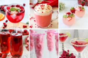 Six images of Valentines Mocktails, including red spritzers with cranberries, pink hot chocolate with whipped cream, strawberry drinks, raspberry bubbly, cotton candy flutes, and cranberry margaritas.