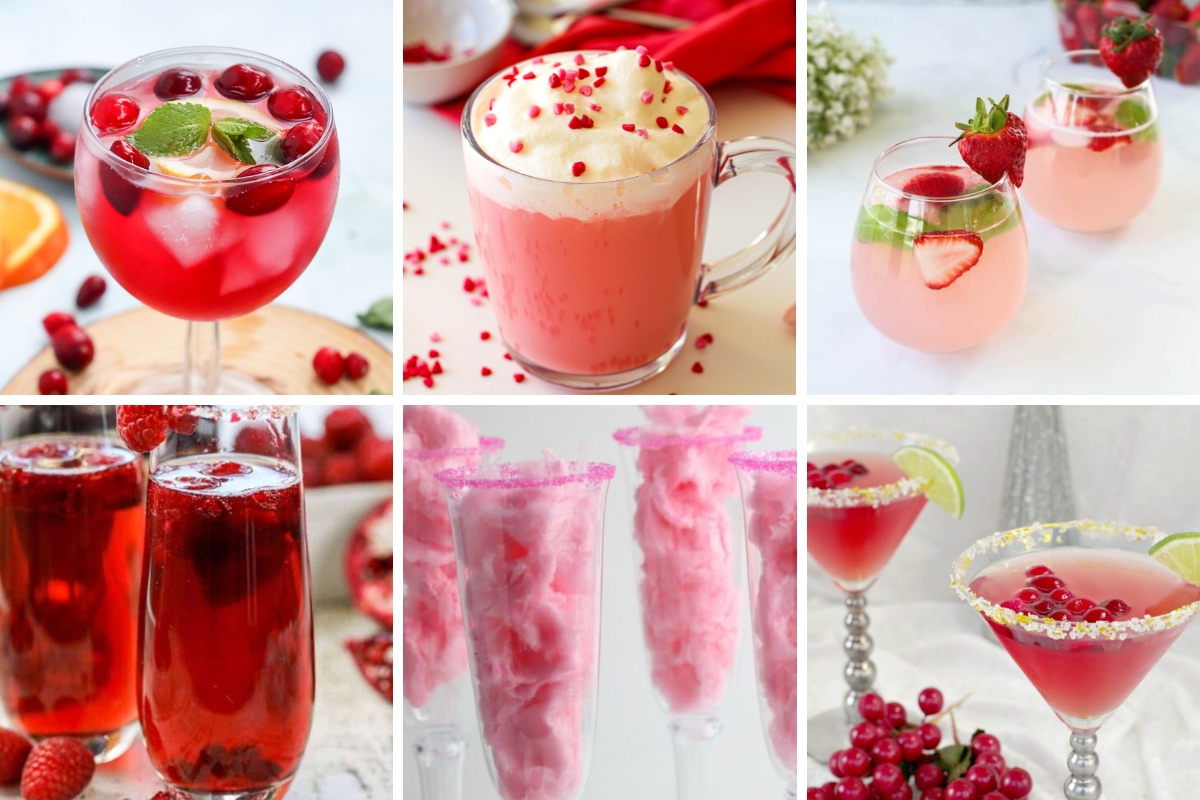 Six images of Valentines Mocktails, including red spritzers with cranberries, pink hot chocolate with whipped cream, strawberry drinks, raspberry bubbly, cotton candy flutes, and cranberry margaritas.