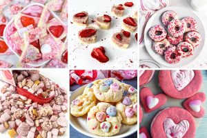 Six colorful photos of Valentines Treats For Kids, including pink bark, strawberry hearts, sprinkled donuts, pink puppy chow, conversation heart cookies, and heart sandwich cookies.