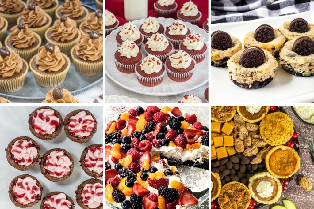 A collage showcasing a variety of mini Desserts for a Crowd, including chocolate and red velvet cupcakes, mini cheesecakes, and a large brownie fruit pizza.