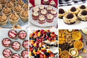 A collage showcasing a variety of mini Desserts for a Crowd, including chocolate and red velvet cupcakes, mini cheesecakes, and a large brownie fruit pizza.
