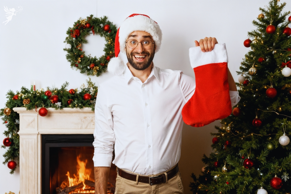 happy man in glasses holding up his christmas stocking