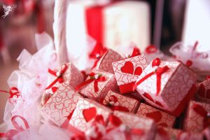 small love heart covered boxes of valentines day party favors