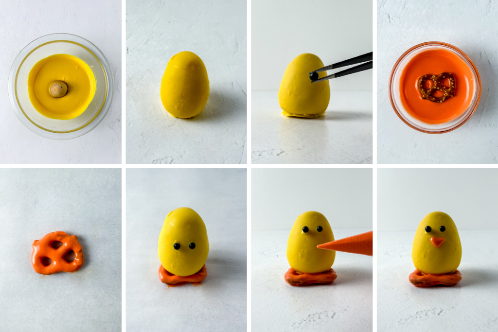 Eight process shots demonstrating how to decorate the Baby Chick Funfetti Truffles: dipping, adding eyes, and attaching the orange pretzel feet and beak.