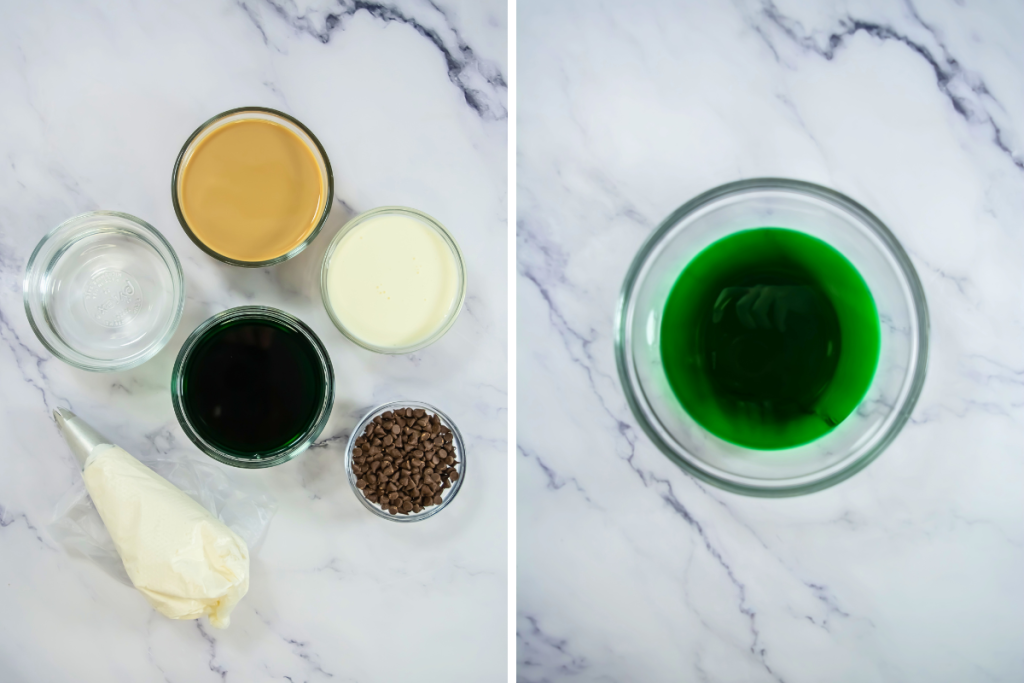 The ingredients are laid out, showing Baileys, cream, mint syrup, and chocolate chips, ready for the delicious Baileys Mint Cocktail.