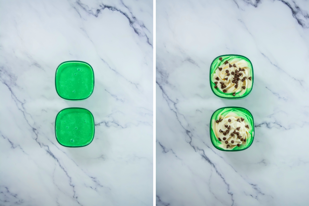 Pouring the mixed cocktail into two shot glasses, followed by adding a generous swirl of whipped cream and chocolate chips.