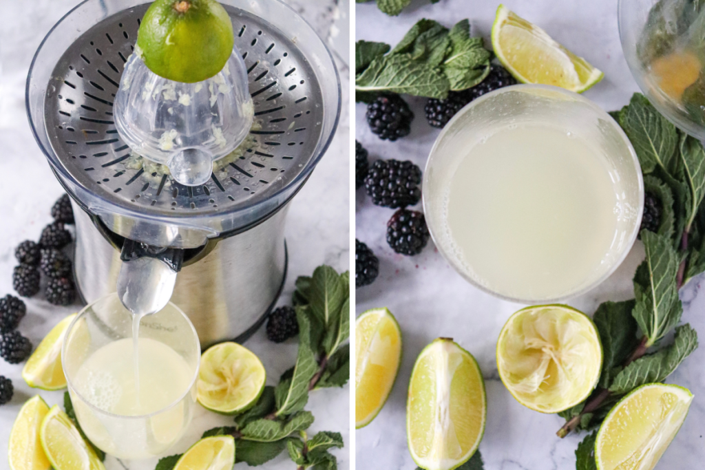Fresh limes being juiced for the mocktail, showing a bowl of lime juice, along with extra lime slices, mint, and blackberries.