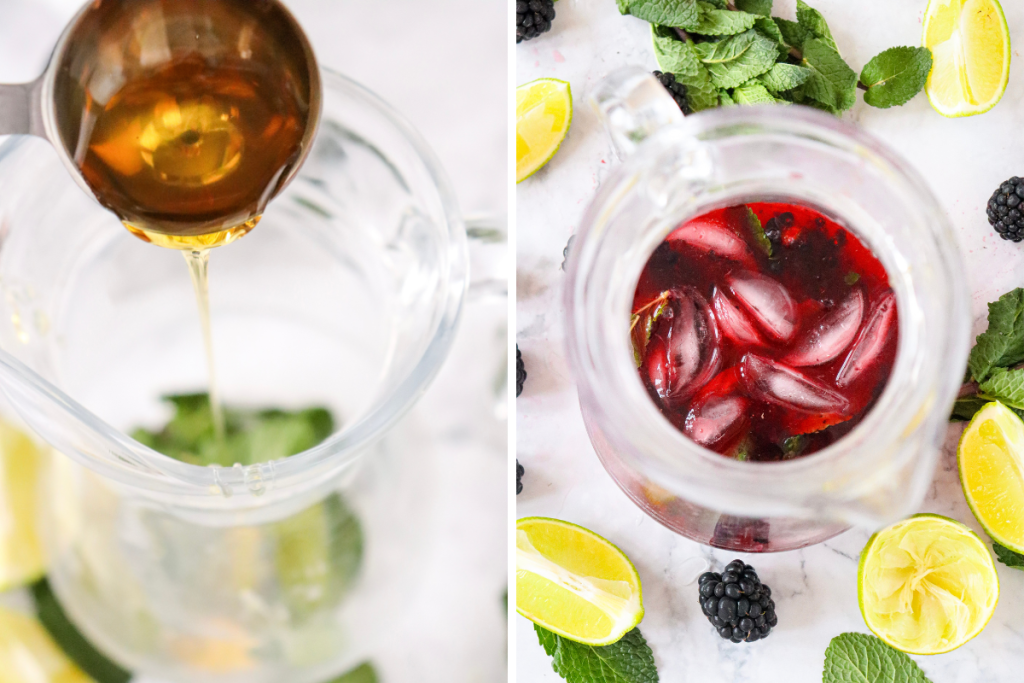 Adding agave syrup, to the pitcher with the mint, lime juice, and blackberries to make the Blackberry Mojito Mocktail.