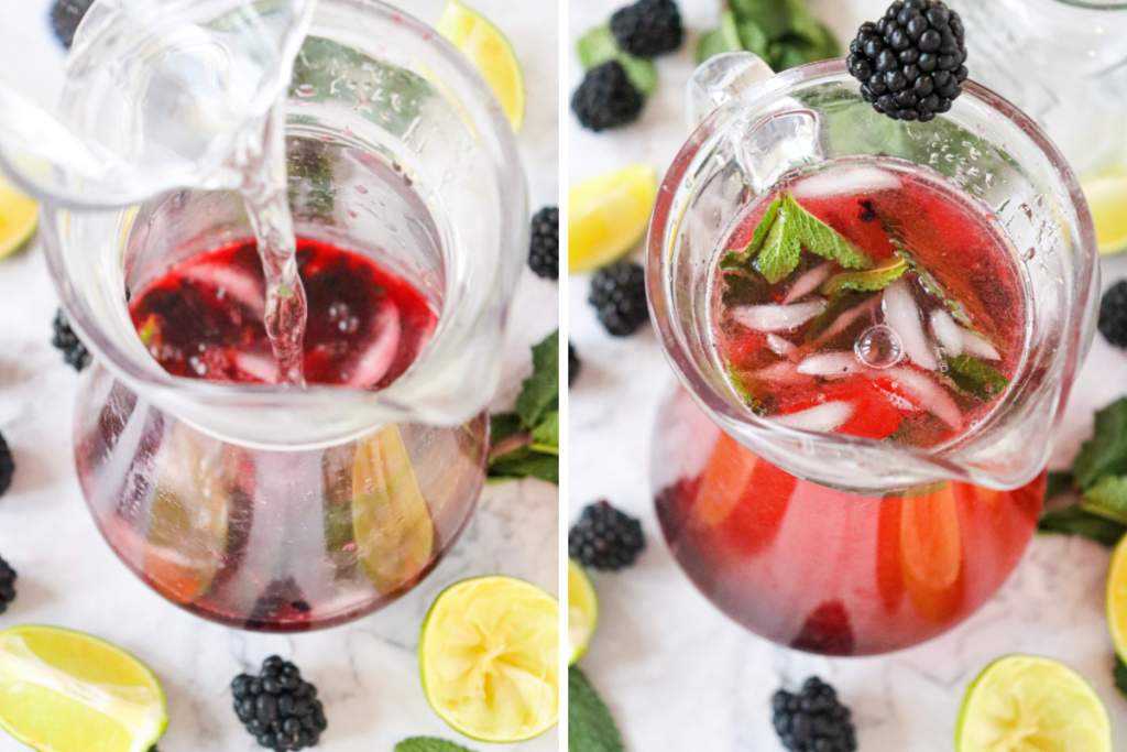 Sparkling water being poured over the muddled ingredients and ice in the pitcher to finish the Blackberry Mojito Mocktail.