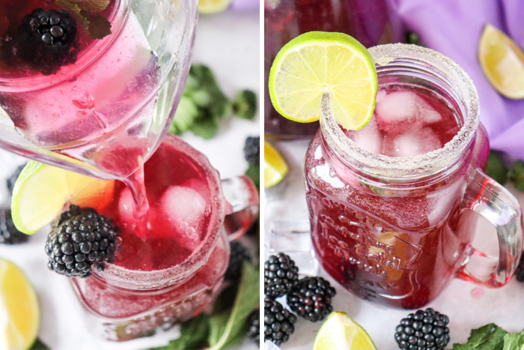 The finished Blackberry Mojito Mocktail being poured from the pitcher into a sugar-rimmed glass, garnished with lime and blackberries.