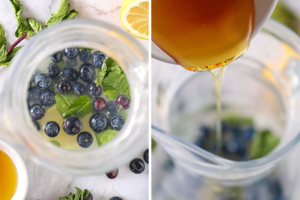 Blueberries and mint are placed in a pitcher along with lime juice, and then honey is poured in for the mocktail.