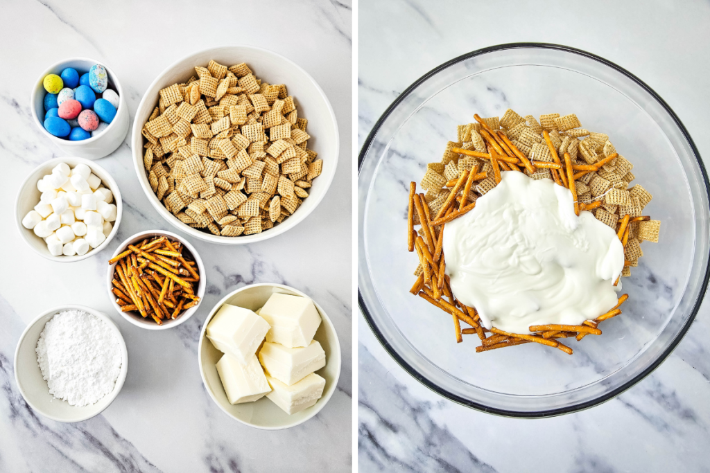 Ingredients for Bunny Bait Snack Mix laid out, plus a bowl with cereal, pretzels, and melted white chocolate coating added.