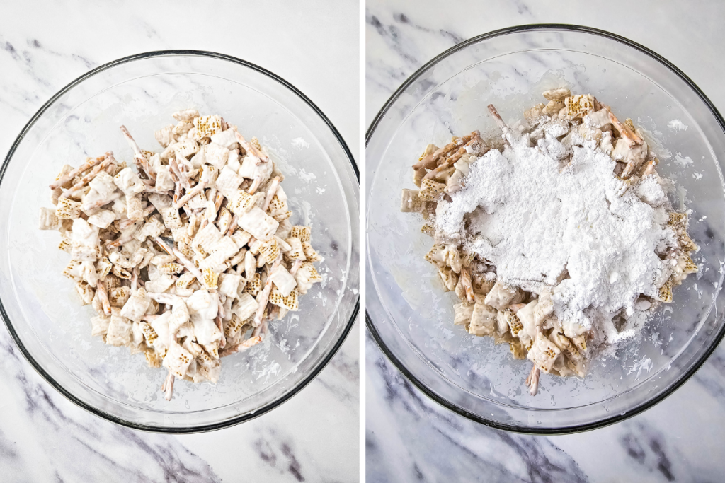 Two close-up views showing the Bunny Bait Snack Mix cereal and pretzels coated in white chocolate, then tossed with powdered sugar.