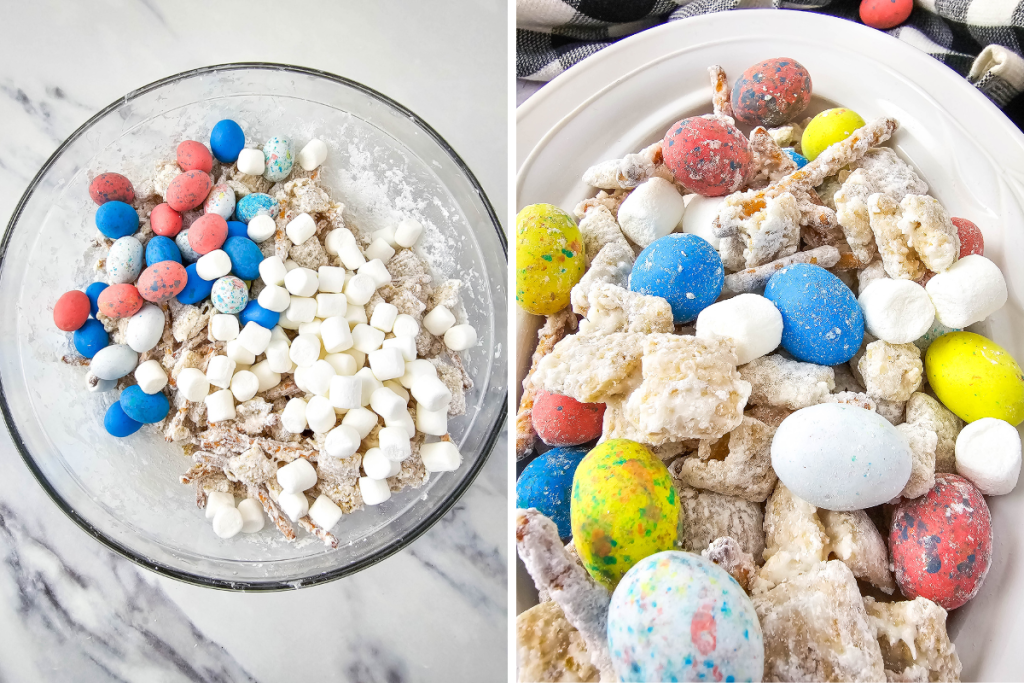 The finished Bunny Bait Snack Mix with pastel-colored candy eggs and mini marshmallows being added, then displayed on a white platter.
