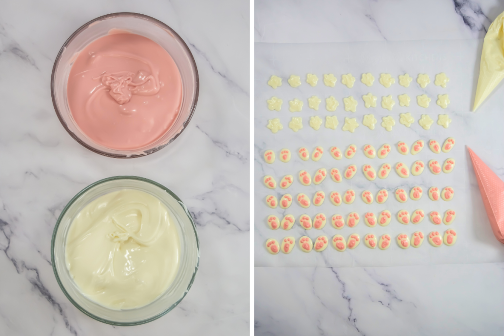 Two bowls of melted pink and white candy melts next to a sheet of parchment with piped, drying white and pink bunny feet for the Bunny Butt Cupcakes.
