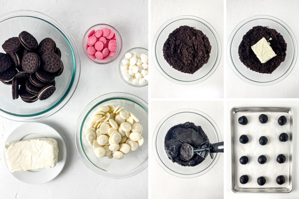 Ingredients and first steps for Bunny Butt Truffles: Oreo cookies, cream cheese, and chocolate truffle filling being rolled into balls.