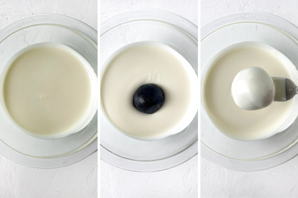 Three steps showing a dark truffle ball being dipped into the melted white candy coating to create the Bunny Butt Truffles base.
