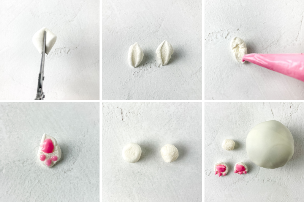 Six process shots showing how to shape the bunny feet from mini marshmallows and add pink pads for the Bunny Butt Truffles decoration.